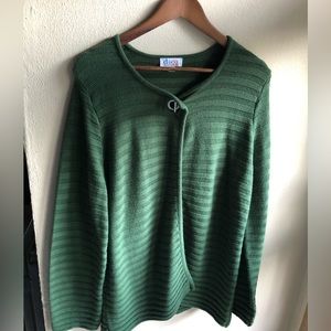 Denim & Co Green Open Front Ribbed Cardigan. Longline. Silver Closure. Large